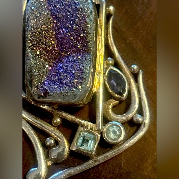 VINTAGE Sterling Silver 925 Iridescent Druzy Blue Topaz Faux Amethyst Pendant - Picture 8 of 15